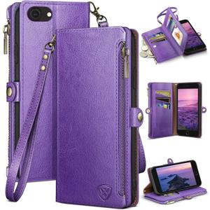XcaseBar for iPhone SE 3rd/7/8 Wallet case with Zipper Credit Card HolderRFID Blocking, Flip Folio Book PU Leather Phone case Shockproof Cover Women Men for Apple SE case Purple