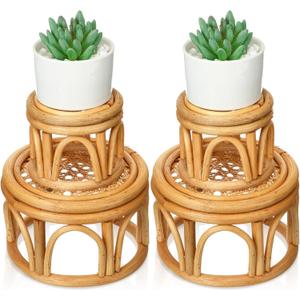 Wenqik 4 Pcs Boho Rattan Plant Stand Woven Wicker Round Riser Stand Indoor Rustic Farmhouse Natural Circle Plant Pedestal Round Accent Centerpiece for Home Kitchen Office Display, 2 Size