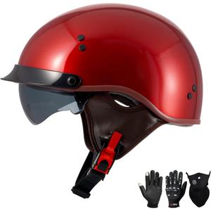 DOT Approved Motorcycle Half Helmet for Adults, Lightweight Retro Open Face Half Shell Helmet for Cruiser Scooter Chopper Moped Street Bike, Men Women Universal Casco (Red, XL)