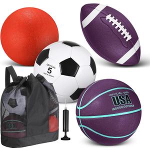Lenwen 4 Pcs Sports Balls Set, Include Official Size Basketball Soccer Football Playground Ball Pump Equipment Bag Recess Equipment Sport for Teen Adult Gift Back to School (Dark Purple and Mint Green)