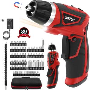 DuroFort Cordless Electric Screwdriver Set, 8V 10Nm Rechargeable Power Electric Drill, Battery Screw Gun with Driver Bit, 320RPM/10+1 Torque, 2 Position Handle, Flexible Shaft LED Light (Red, 89Pcs)