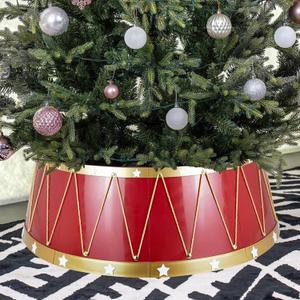 Christmas Tree Collar, 28.4" Festive Drum Design Tree Ring, Durable Plastic with Mirror Finish, Easy to Assemble and Clean, Pet-Proof Base Cover for 8ft Trees (Red and Gold)