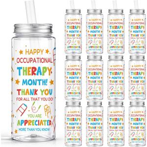 Vesici 24 Pcs 14.2oz Occupational Therapy Month Gifts OT Month Tumbler with Lid and Straw Plastic Reusable Tumbler Bulk Inspirational Gifts Cold Drinking Cup for Women Men Coworker Stuff
