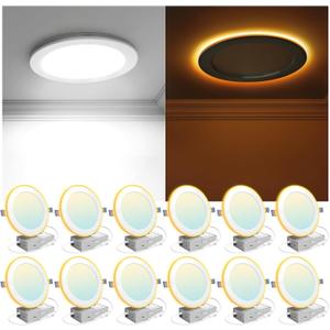 12 Pack 6 Inch LED Recessed Light with Night Light, 2700K/3000K/3500K/4000K/5000K 5CCT Ceiling Light, 1050LM 12W 120V, Dimmable Canless Wafer Downlight ETL&FCC, Energy Saving Star