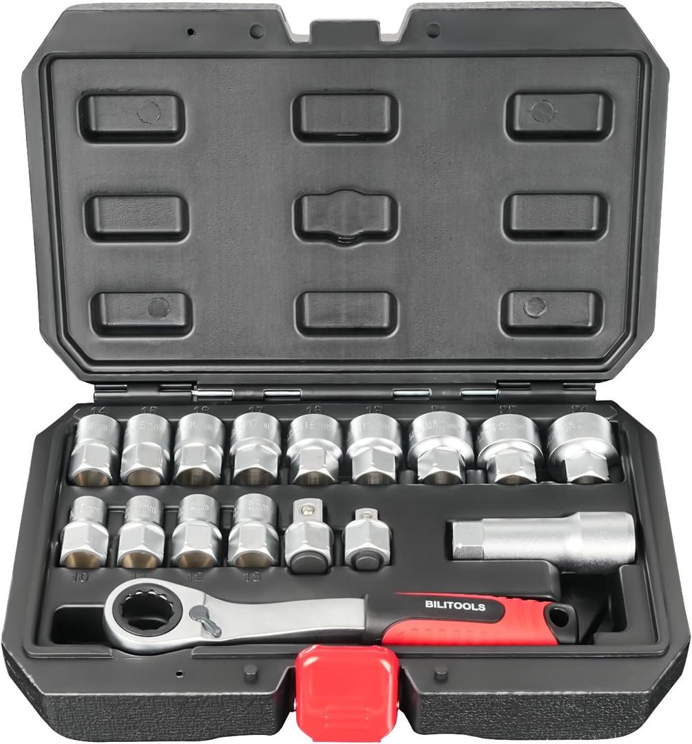 BILITOOLS 17-Piece Pass Through Socket Set, 3/8" & 1/2" Dr. Universal Pass Thru Go Through Ratchet Socket Wrench Mechanics Tool Set for Hex, Square, E-Torx, Spline Fasteners