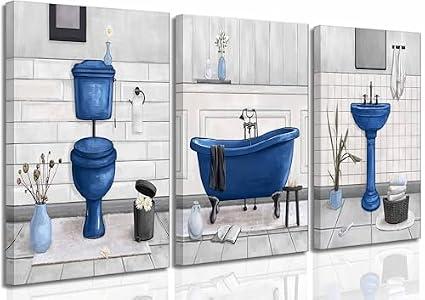 3 Pcs Navy Blue Bathroom Canvas Wall Art Paintings Fun Blue Bathtub and Toilet Paintings Pictures Wall Decor Posters Print Artwork for Washroom Restroom Home Decoration