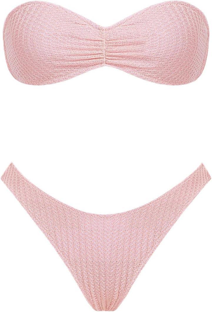 Women's Triangle Bikini Set Strapless Textured Bandeau Solid Cheeky Two Piece Swimsuit Bathing Suit (S)