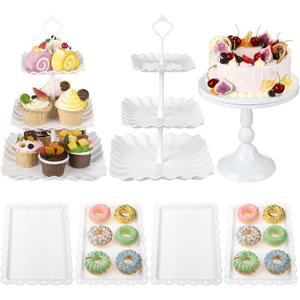 7 Pcs Dessert Table Display Stand Set Include 2 3-Tier Plastic Cupcake Stands 1 Round Metal White Cake Tower 4 Serving Tray Display and Dessert Tray for Party Birthday Baby Shower Wedding