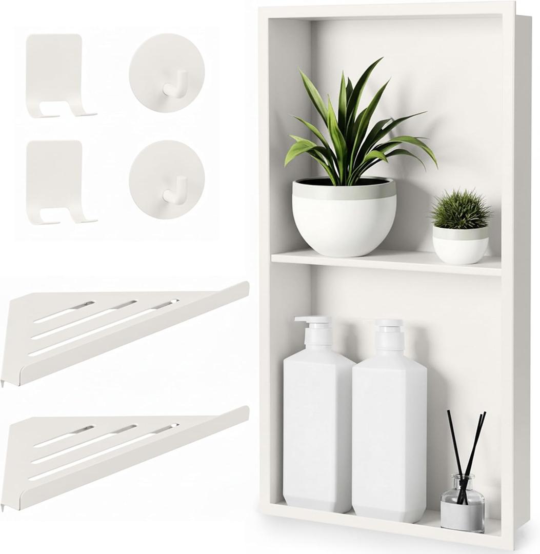 Stainless Steel Shower Niche No Tile Needed 24"x12" Inner Size (25.19"x13.19" Outside Size) Matte Warm White - Niche for Shower Wall - Bathroom Niches - Includes Corner Shelves Razor Holders and Hooks