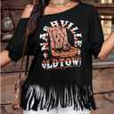 Women's Plus Size Off Shoulder Tops Cowgirls Graphic Tees Short Sleeve Fringe Tassel T Shirts (Black, XL)
