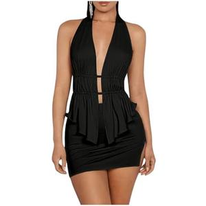 SOLY HUX Women's Sexy 2 Piece Outfits Hollow Out Asymmetrical Halter Top Bodycon Mini Skirt Party Club Sets, XS