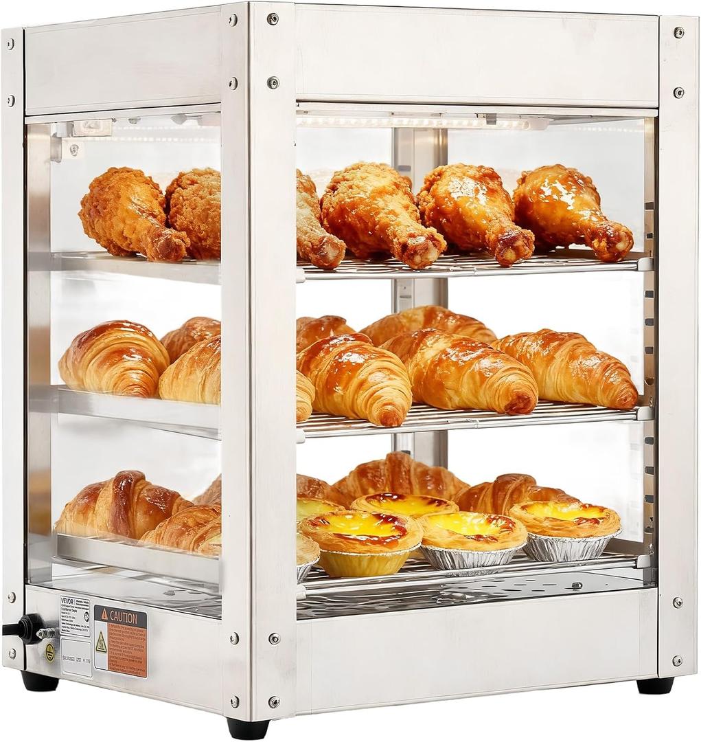 VEVOR 3-Tier Commercial Food Warmer Display, 800W Food Display Warmer with LED Light, Adjustable Shelf and Stainless Steel Frame, 86~185 Air Heating, 34L for Hamburger, Pizza, Bread, Fried Chicken