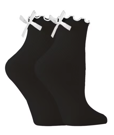 1 Black Pair Womens Bow Socks Ruffle Casual Crew Socks Cute Black Soft Breathable Cotton Frilly Ankle Socks, One size