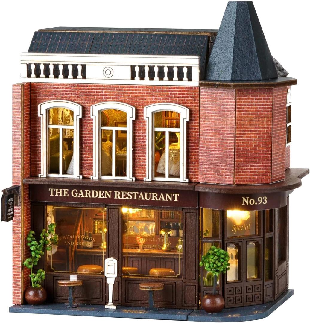 DIY Miniature House Kit, CUTEROOM Wooden Dollhouse Kit Mini House Making Kit with Furnitures, DIY Dollhouse Kit Birthday Gift (Garden Restaurant), D016-US