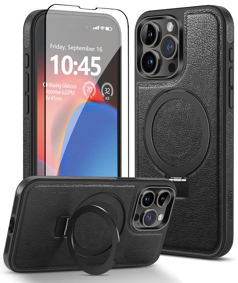 GVIEWIN Marble for iPhone 15 Pro (Navy Blue), VAUSERDY Designed for iPhone 15 Pro Leather Case [Compatible with MagSafe] with Stand, Shockproof Back Slim Protective Phone Case for iPhone 15 Pro (2023) 6.1" (Black)