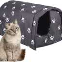 Fhiny Stray Cats Shelter, Waterproof Outdoor Cat House Foldable Warm Pet Cave for Winter Wild Animal Tent Bed Anti-Slip Kitten Cave for Feral Cat Dog Puppy Weatherproof Black (L:21.7"16"14.5")
