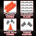 Bedwina Race Car Birthday Party Decorations - (36 Pcs) 12 - 8-Inch Orange Mini Cones for Kids & 24 Black & White Checkered Flags on Sticks - Race Car Themed Birthday Party Decor & Centerpiece Supplies