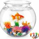 1 Gallon Round Plastic Fish Bowl Set, Crystal Clear Plastic Aquarium for Fish with 5 Decorative Plants and 8.8oz Colorful Stones, Small Fish Tank for Home Decoration