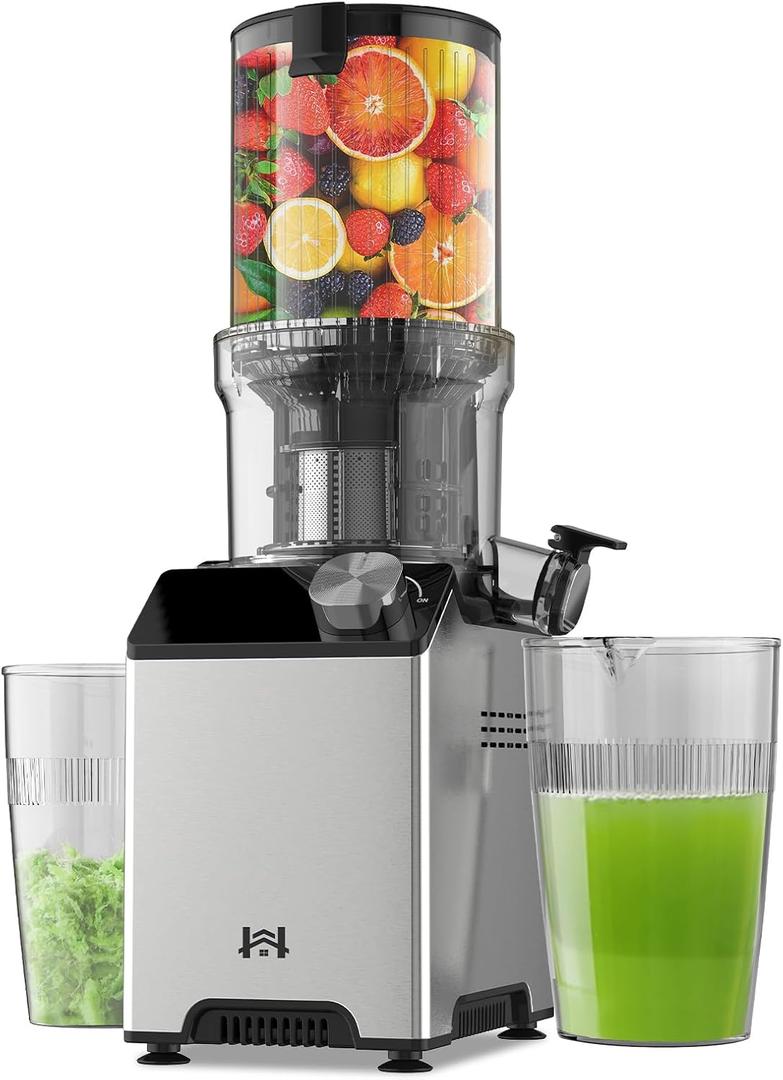 Cold Press Juicer, Juicer Machines with 4.35'' Wide Feed Chute, Stainless Steel Slow Masticating Juicers Easy to Clean, Vegetables & Fruits Juice Extractor, High Juice Yield, Gray Knob