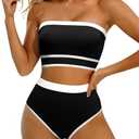 Yonique Bandeau Bikini Strapless Swimsuit - Two Piece High Waisted Bathing Suits Black XL