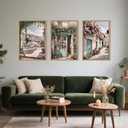 Modern French Flower Street Framed Canvas Wall Art Set, Romantic Green Landscape Wall Decor, Vintage Mediterranean Bookstore Neutral Coast Cityscape Artwork for Living Room, Bedroom-24 x36 x3