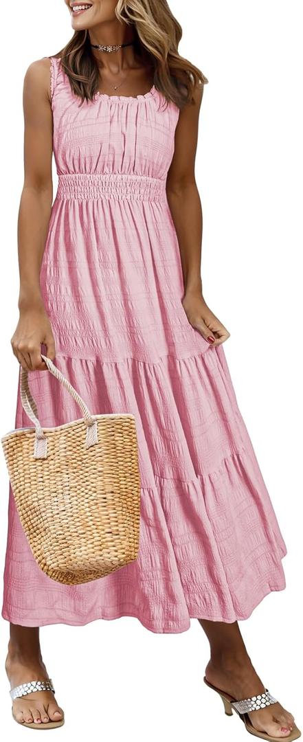 AlvaQ Women Summer Dresses Sleeveless Smocked Midi Dress High Waist Casual Tiered A Line Sundress with Pockets (Pink, XL)
