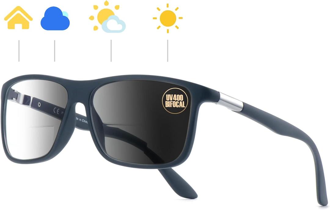 Missfive Photochromic Bifocal Reading Glasses Men Blue Light Protection, Designer Transition Retro Computer Readers Far and Near Dual-Use Lens Stylish Vintage Eyeglasses Matte Gray Eyewear, 1.5x