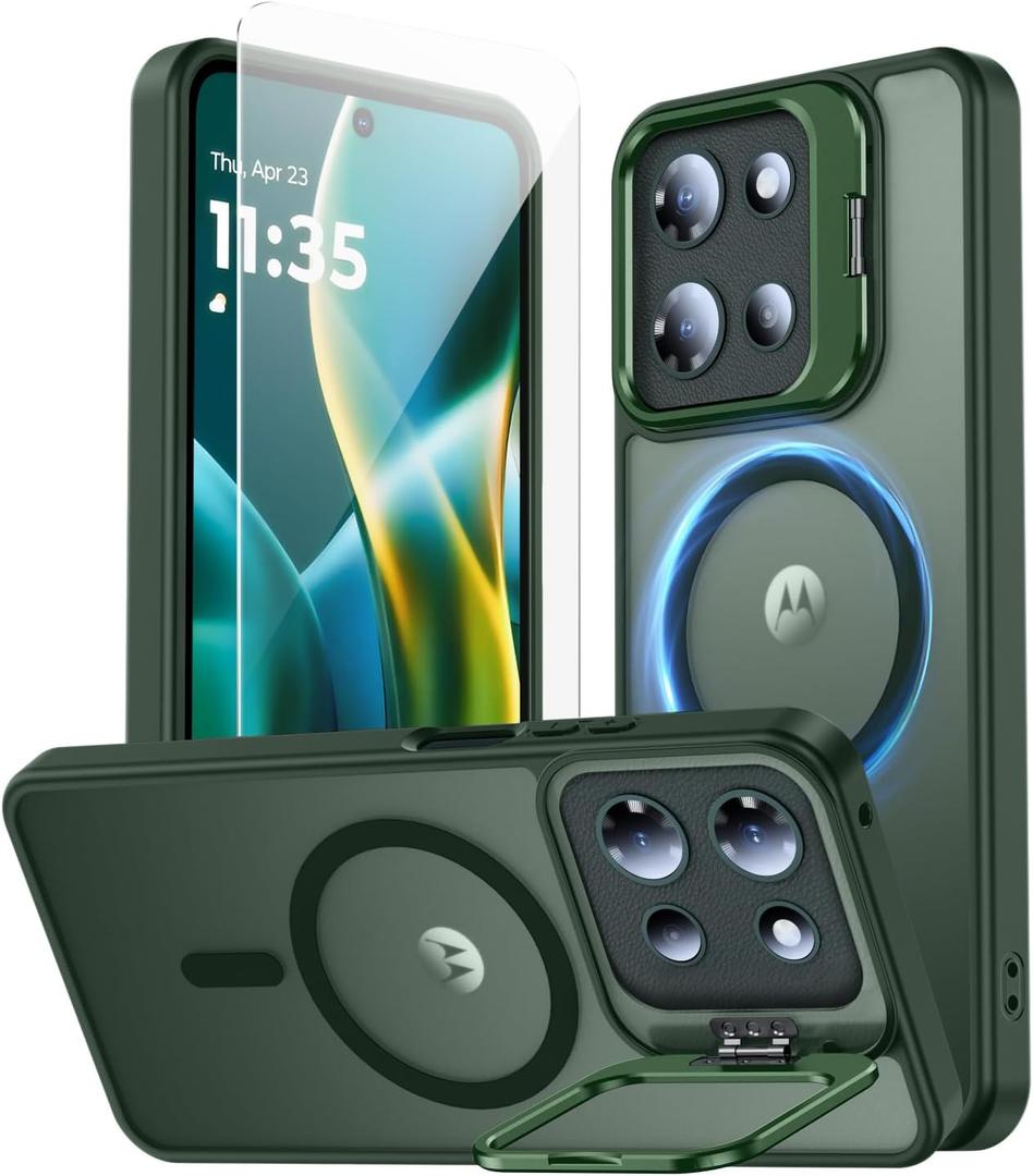 for Motorola Moto G 2025 Case, Fits MagSafe, with Built-in Camera Ring Stand & Sceen Protector, Slim Translucent Matte Military-Grade Drop Protection Magnetic Cover, Green