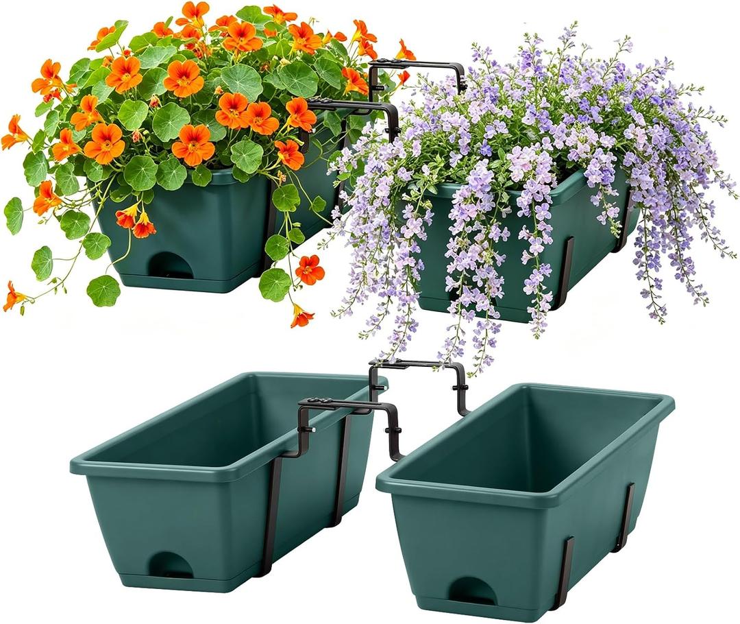 Deck Railing Planter Box Set of 2, Fence Hanging Balcony Window Boxes Planters with Adjustable Plant Hanger Bracket, 17" Railing Flower Boxes Outdoor for Porch Rail Patio Garden Dcor, Green