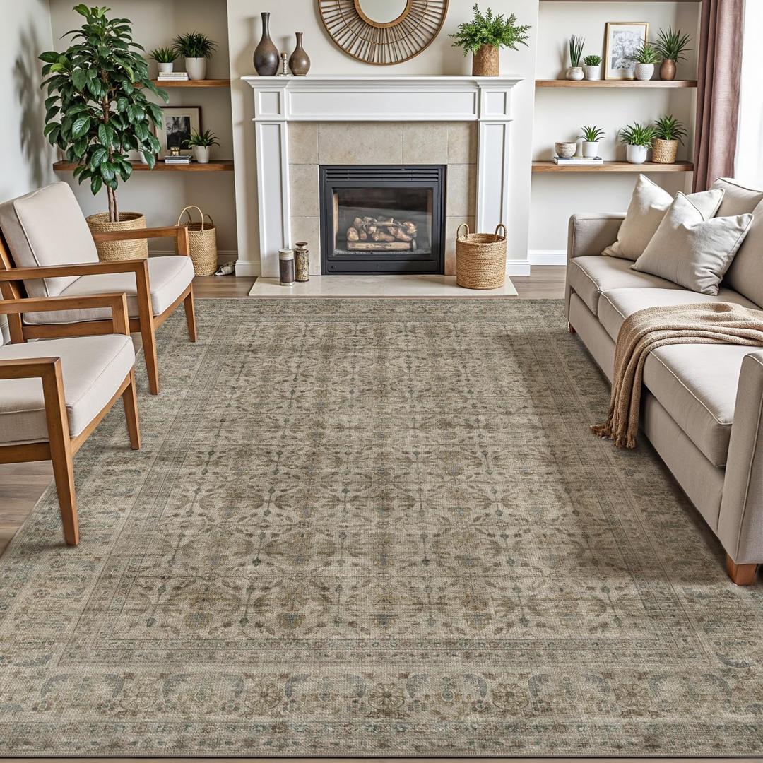 DEXI Area Rugs for Living Room, 8x10 Washable Low Pile Vintage Traditional Rug for Bedroom, Non Slip Large Indoor Carpet for Dining Office Nursery, Dark Taupe