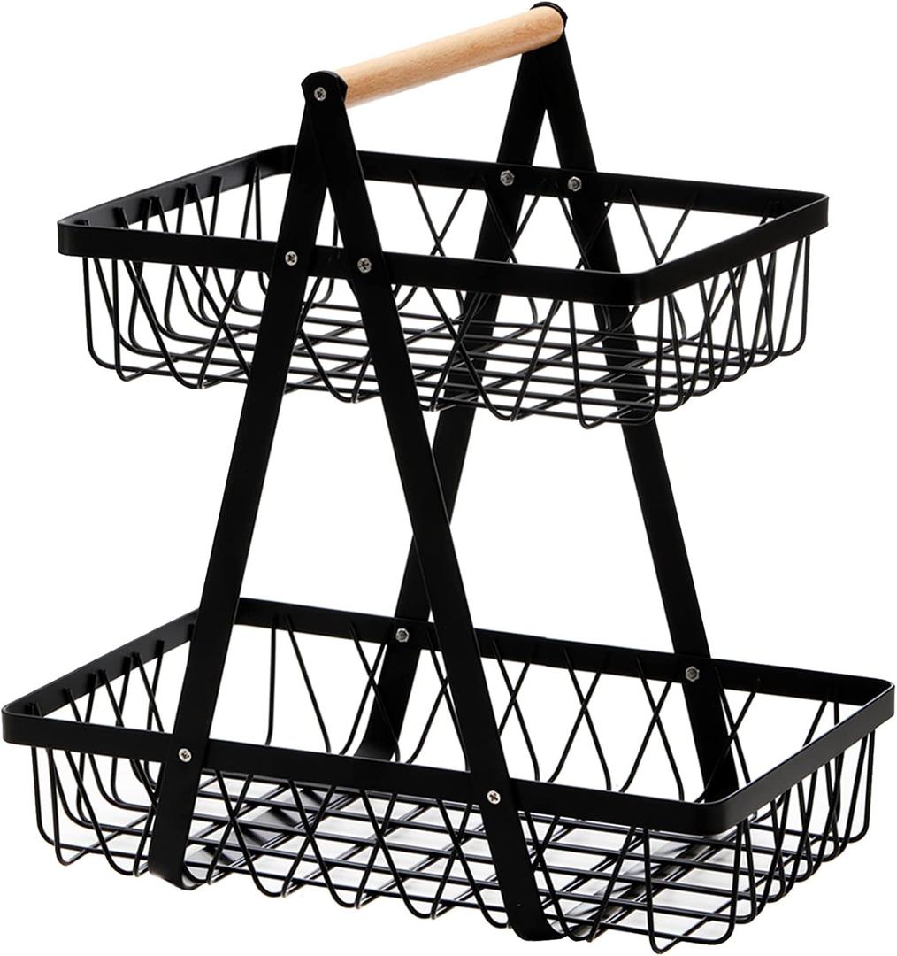 Dicunoy Metal Storage Basket with Handles, 2 Tier Wire Snack Organizer Bin for Office Cournertop, Rustic Black Basket for Home, Kitchen, Pantry, Fruit, Coffee, Pasta, Bathroom, Living Room