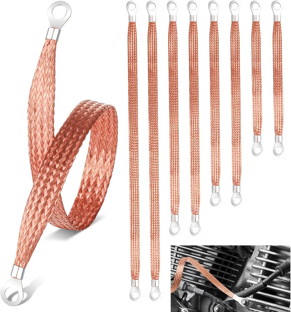 Ground Strap Automotive,8pcs 10/13/15/20 inch Grounding Strap Vehicle Universal Engine Ground Straps Kit Copper Braided Grounds Straps GroundStrap Wire GroundStrap for Most Cars (Brown-Thicken)
