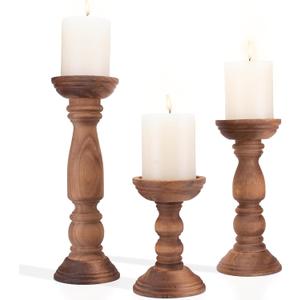 Farmhouse Wooden Candle Holders for Pillar Candles Set of 3, Rustic Wood Candle Holder Table Centerpiece Decor, 12'' 9'' 6'' Vintage Tall Candle Stand Decorative, Brown