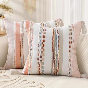 decorUhome Boho Decorative Throw Pillow Covers 18x18 Set of 2, Striped Chenille Tufted Pillow Covers with Tassels for Couch Bed Sofa, Cream White and Orange
