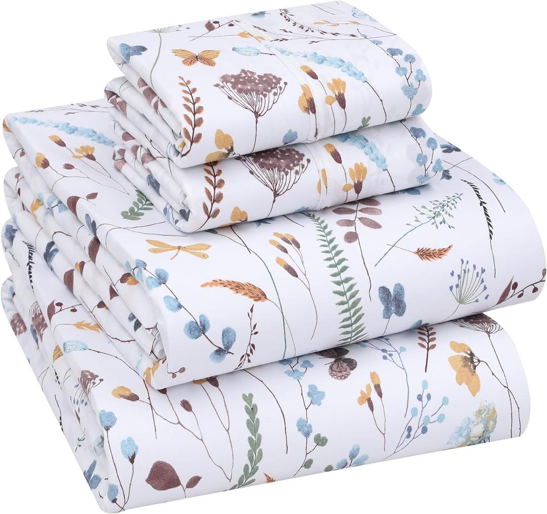 RUVANTI 100% Cotton King Size Sheets Set, 4 Pieces, Soft & Breathable Percale Weave Bedding, Deep Pocket 16", Hotel Standard, Crisp Cool Feel, Durable, Perfect Floral Bed Sheet, Fern Class
