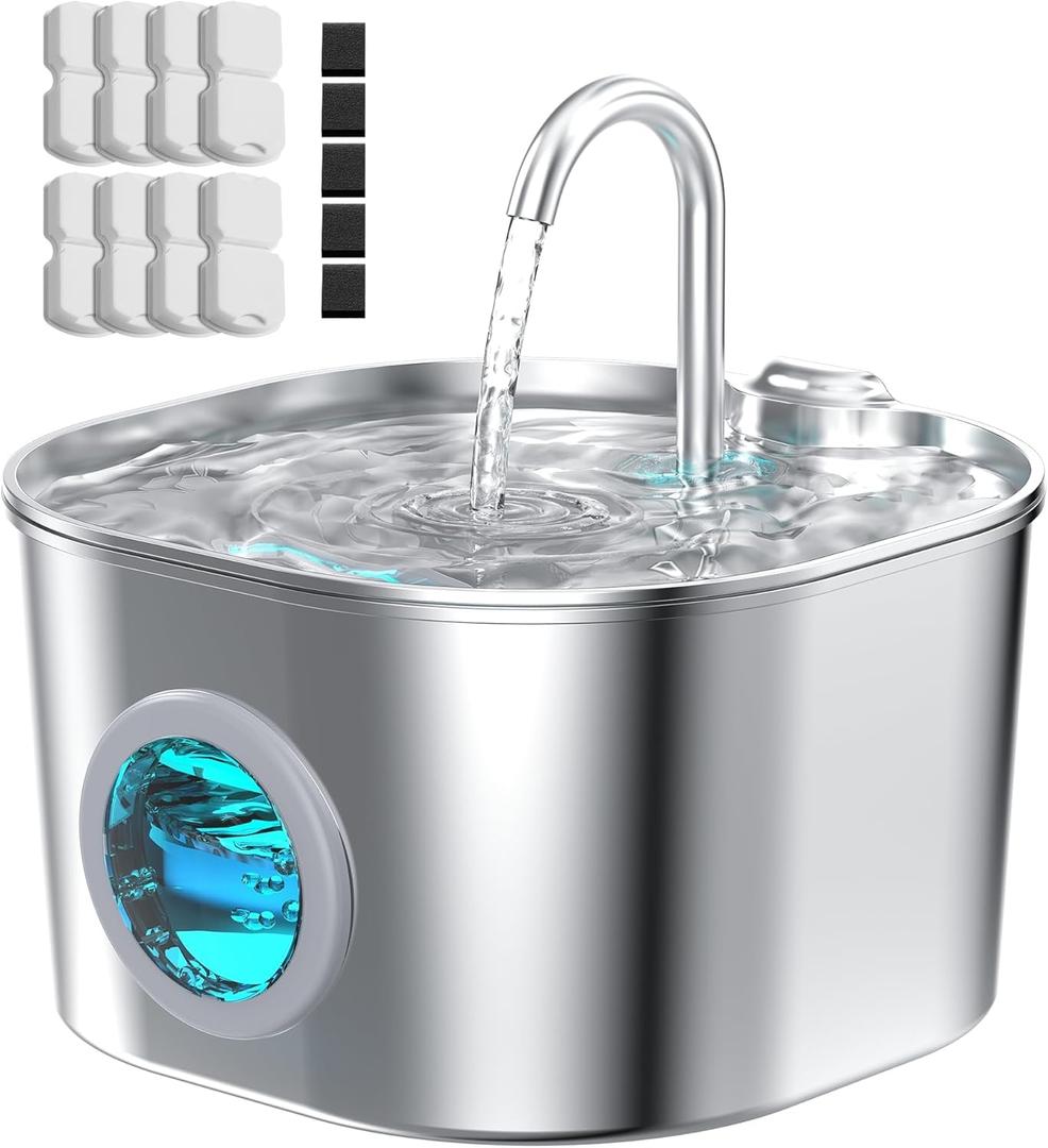 Cat Water Fountain with 8 Filters + 5 Sponges,Small Pet Waterer Dispenser Fountains for Drinking Cats Indoor Metal Automatic Waterer Bowl 24/7 Running Auto Kitty Watering Supplies Quiet Pump,74oz/2.2L Cat Fountain + 8 Filters + 5 Sponges