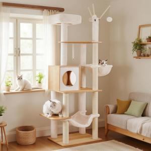 Hey-brother Wooden Cat Tree, 66.1" Cat Furniture with Scratching Posts, Modern Cat Tower with hammocks, Toys, cat condo, Walnut MPJ120WB