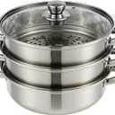 3-Tier Stainless Steel Steamer Pot with Lid, Multipurpose Steam Pots for Cooking, Vegetable & Dumpling Steamer Set with Durable Handles and Glass Lid for Fish, Meat, and Seafood