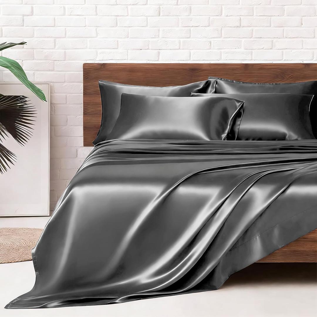 MR&HM Satin Bed Sheets, King Size Sheets Set, 6 Pcs Silky Bedding Set with 15 Inches Deep Pocket for Mattress (King, Dark Grey)