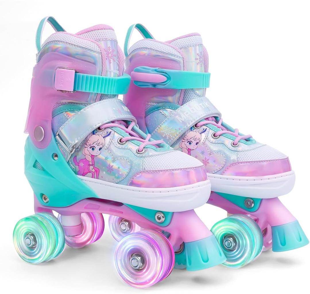 Girls Adjustable Roller Skates All Wheels Luminous Light Up Roller Skate Shoes for Kids Children (Pink)