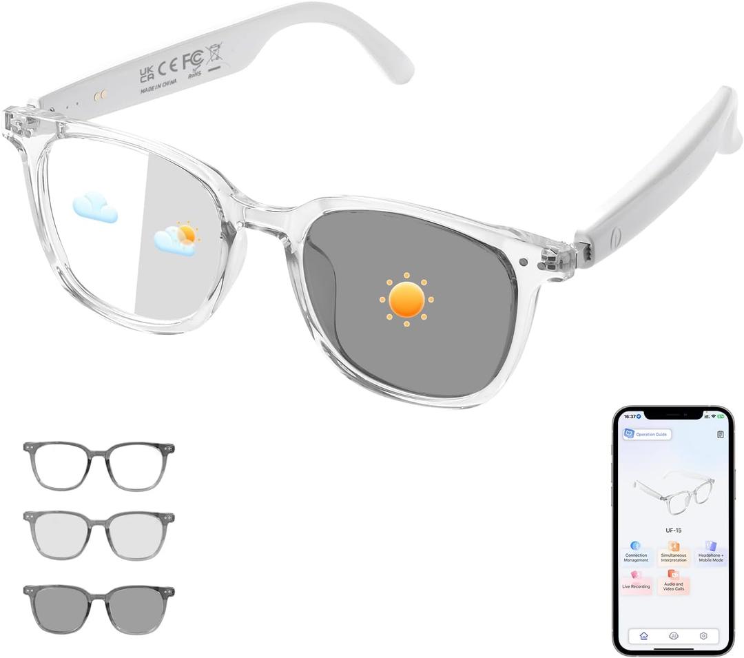 Bluetooth Smart Glasses for Women, AI Translation Glasses Supports 165+ Languages, Build in Mic Speakers, Color Change Lenses Transparent Frame with Polarized UV Protection for Travel & Business