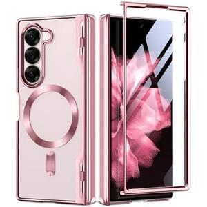 BERFY Upgraded Magnetic for Z Fold 6 Case, Compatible with Magsafe, [Built-in Screen Protector & Hinge Protection] Full-Body Plating Slim Shockproof Phone Case for Samsung Galaxy Z Fold 6 5g 2024, Pink