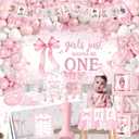 Pink Bow 1st Birthday Decorations, 271Pcs Girls Just Wanna Be One Birthday Decorations All-in-1 Kit with Tableware,Balloon Arch,Backdrop,Banner,Balloon Boxes,High Chair Banner,Cupcake Toppers,1st Hat