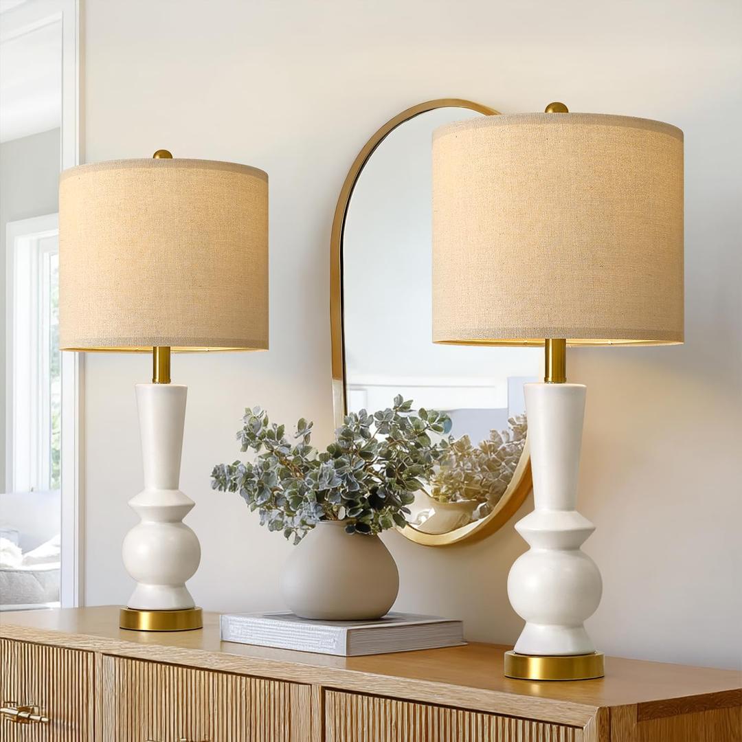 PORTRES 27" Modern Ceramic Table Lamp Set of 2 for Living Room White & Gold Bedside Lamps for Bedroom Nightstand Lamp Tall End Table Lamps
