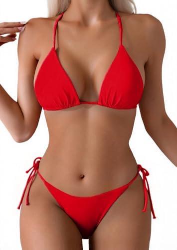 Tainehs Women's Sexy Halter Thong Bikini Tie Two Sides Bottom Triangle Bikini Swimsuits XL  Tainehs Women's Sexy Halter Thong Bikini Tie Two Sides Bottom Triangle Bikini Swimsuits XL