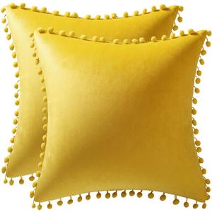 DEZENE Couch Pillow Covers 16x16 Yellow: 2 Pack Cozy Soft Pom-poms Velvet Square Throw Pillow Cases for Farmhouse Home Decor