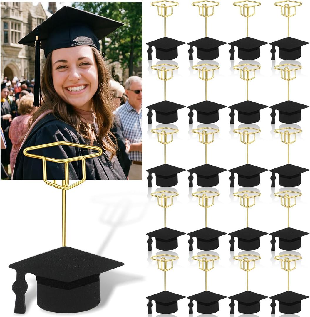 20 Pcs Graduation Cap Photo Holders, Class of 2026 Table Number Card Stands with Wooden Base, Wire Place Card Picture Display for Grad Party Centerpieces Decorations
