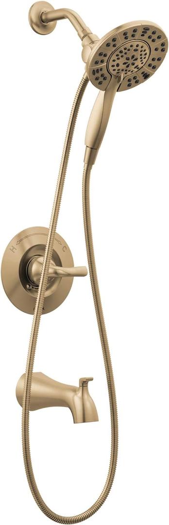 Delta Arvo 14 Series Brushed Gold Bathtub Shower Faucet Set with In2ition 2-in-1 Dual Shower Head with Handheld Spray Combo, Valve Trim Kit, Champagne Bronze 144840-CZ-I (Valve Included)