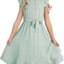 Tween Girls Summer Dresses Girl Short Sleeve Boho Swiss Dot Ruffle Semi Formal Midi Dress Kid Wedding Guest Casual Flare Party Belt Clothes Dressy Outfit Size 12-13 Year Old Green