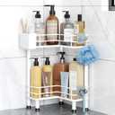 Orimade Rustproof 2 Tier Floor Standing Corner Shower Caddy Organizer with Toothbrush Holder, Large Spacing Floor Shower Shelf Rack Storage Stands with Hooks for Bathroom Kitchen, White